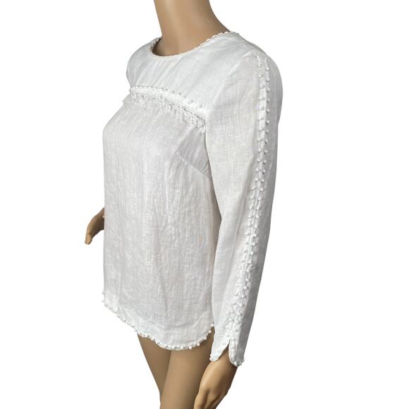 J.Crew White Linen Pom Pom Tassel Long Sleeve Top SZ 0 - Picture 7 of 12